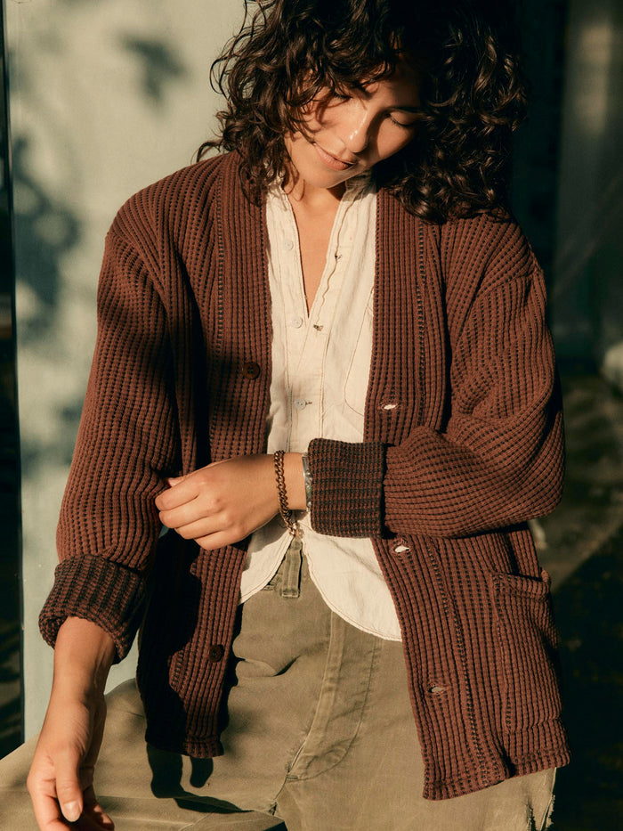 Dark Slate Gray knit waffle cardigan in brown