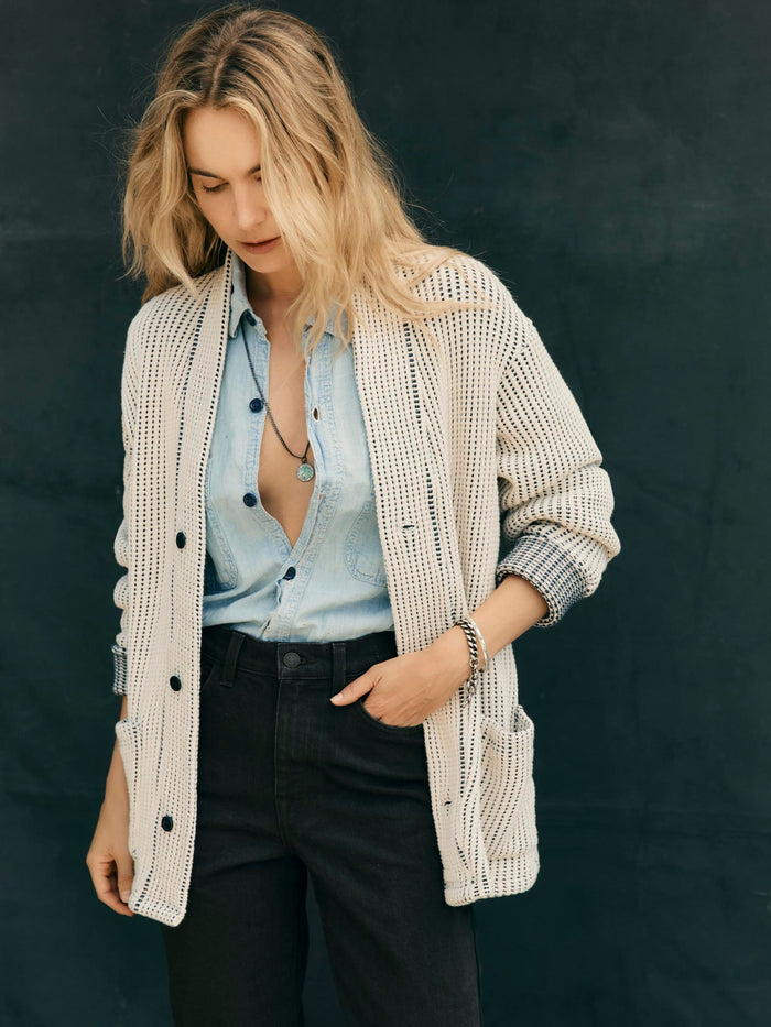 Gray knit waffle cardigan in natural