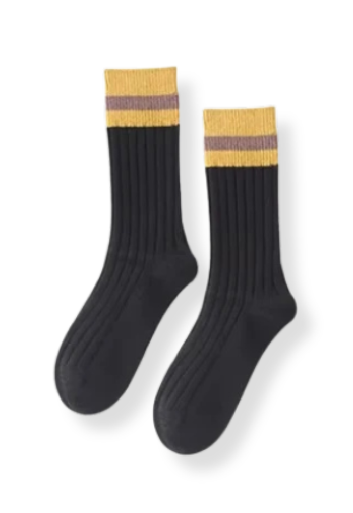 Ladies Cashmere Cabin Socks - Black & Mustard Stripe