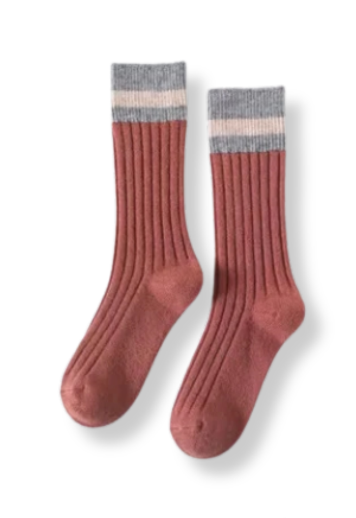 Ladies Cashmere Cabin Socks - Terracotta Pink / Grey Stripe