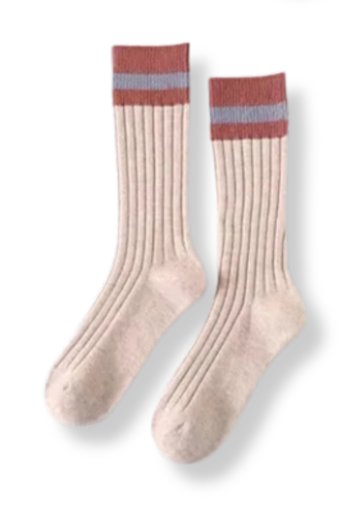 Ladies Cashmere Socks - Oatmeal / Terracotta Stripe