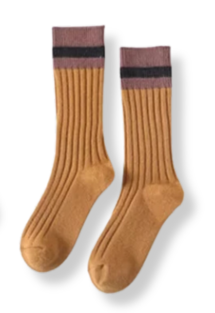 Ladies Cotton Cabin Socks - Mustard Stripe