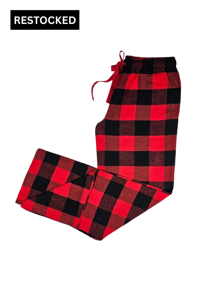 Red and black buffalo check lounge pants on a white background with 'RESTOCKED' text above.
