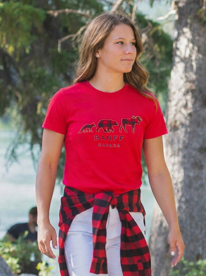 Ladies Long Fitted Red 3 Animals with Banff T-Shirt