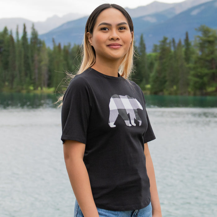 Ladies Petite Fit Black Buffalo Check Bear T-Shirt
