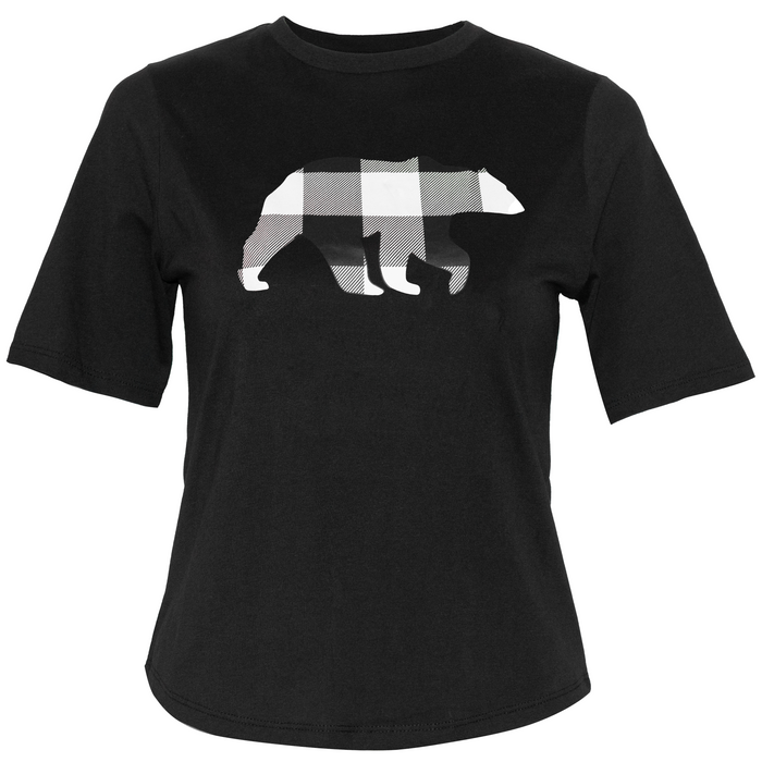 Ladies Petite Fit Black Buffalo Check Bear T-Shirt