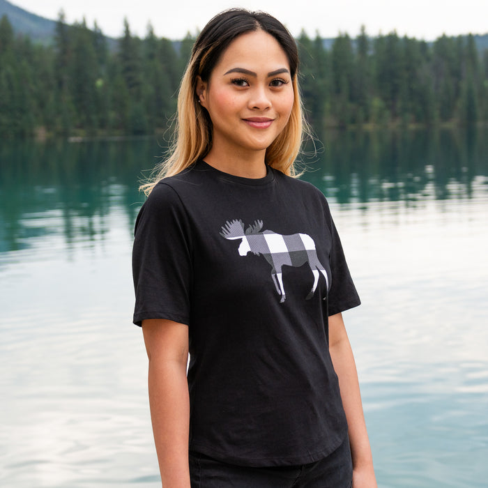 Ladies Petite Fit Black Buffalo Check Moose T-Shirt