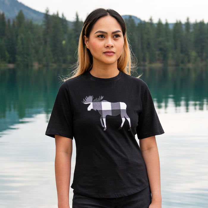 Ladies Petite Fit Black Buffalo Check Moose T-Shirt