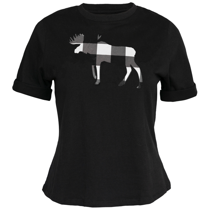 Ladies Petite Fit Black Buffalo Check Moose T-Shirt
