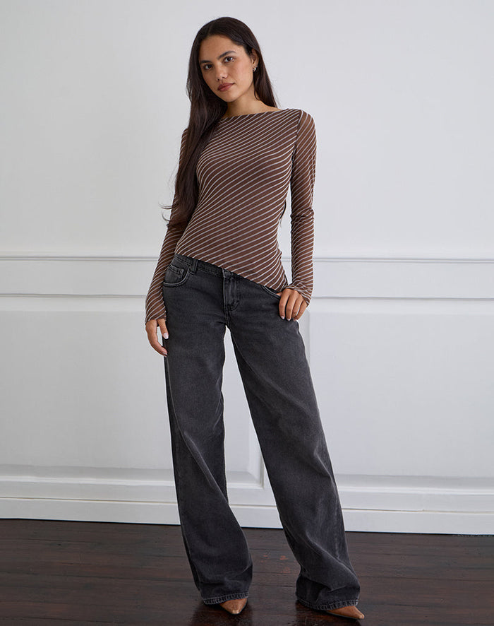 Image of Lakya Long Sleeve Top in Diagonal Stripe Flocked Brown and Cream