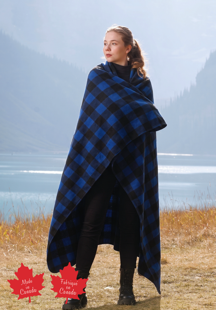 Large Blue Black Buffalo Check Fleece Blanket