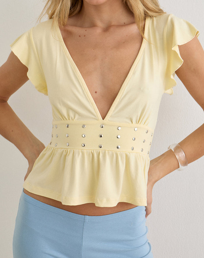 Image of Leisma Frill Top in Jersey Lemon with Studs