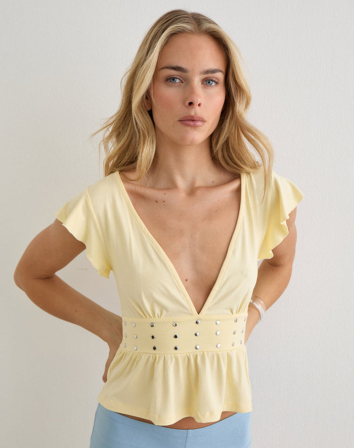 Image of Leisma Frill Top in Jersey Lemon with Studs