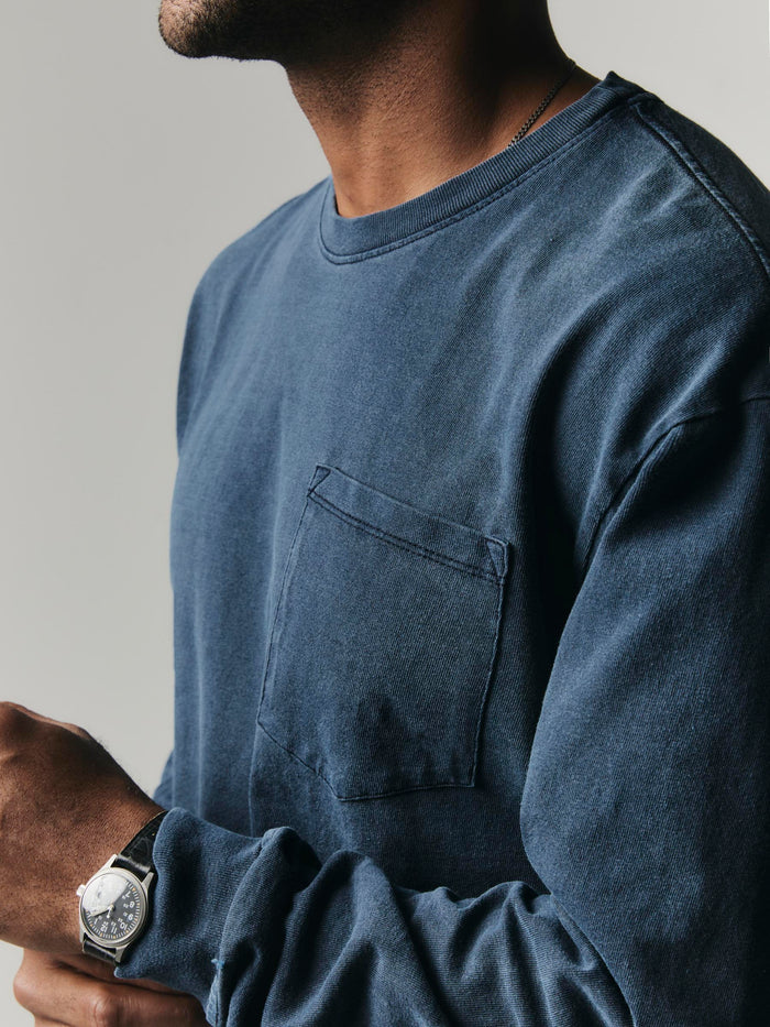 Gray long sleeve pocket tee in faded navy