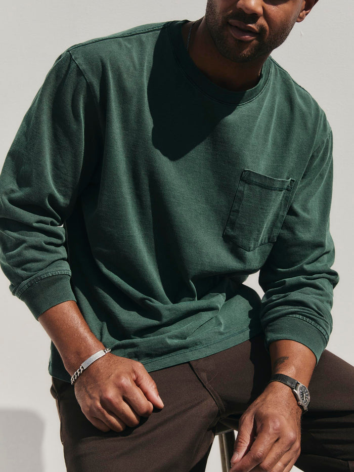 Gray long sleeve pocket tee in faded spruce