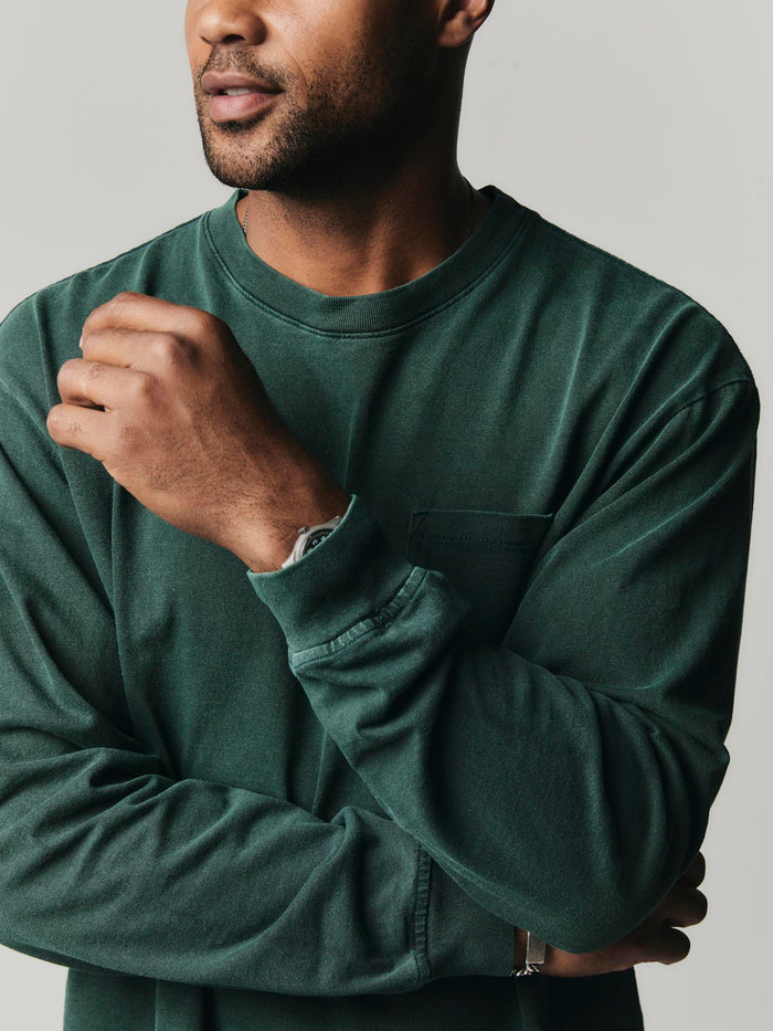 Gray long sleeve pocket tee in faded spruce