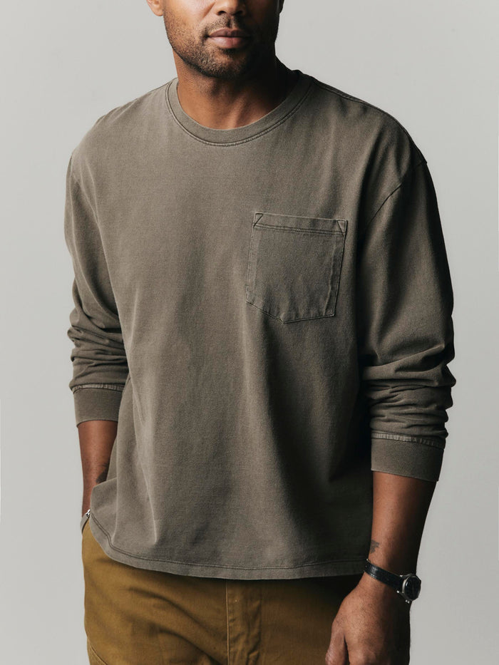 Gray long sleeve pocket tee in washed slate