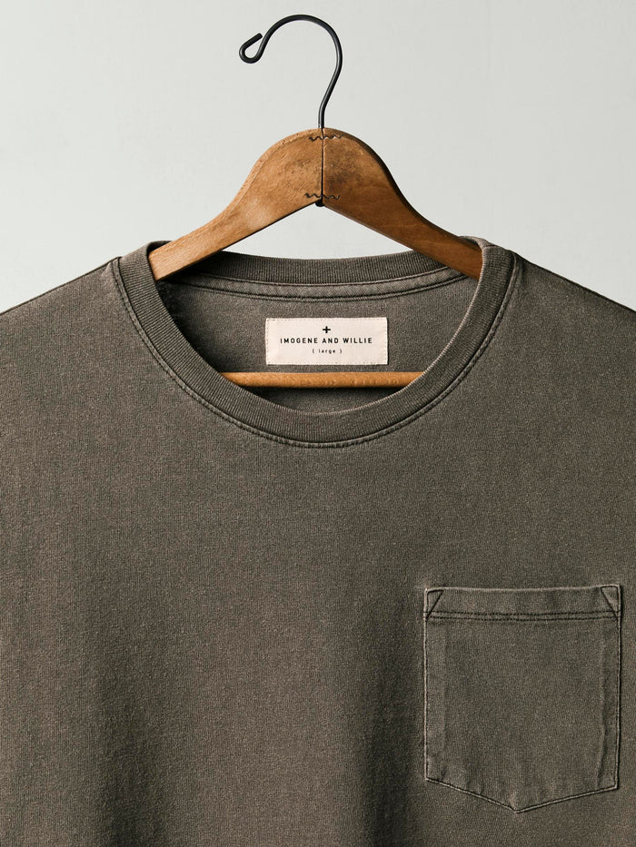 Dark Olive Green long sleeve pocket tee in washed slate