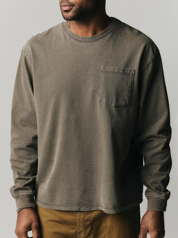 Gray long sleeve pocket tee in washed slate
