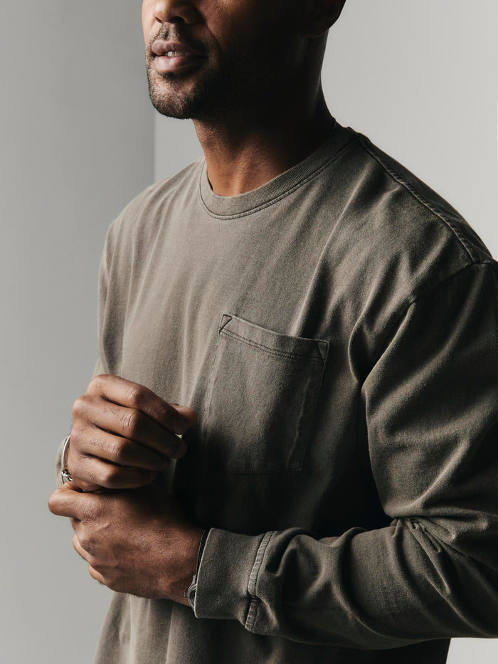 Black long sleeve pocket tee in washed slate