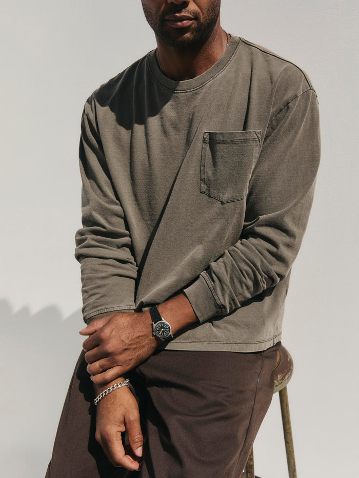Gray long sleeve pocket tee in washed slate