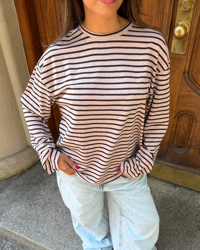 MALIA STRIPE TEE - BLUSH PINK/BROWN