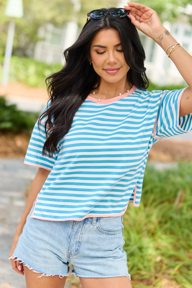 Maya Aqua and White Stripe Striped Tee