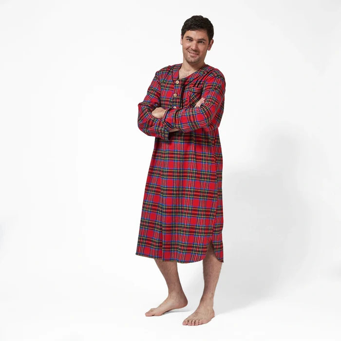 Rocky Mountain Flannel Men's Flannel Nightshirt in Royal Stewart Tartan with Black Braid Cord Front View