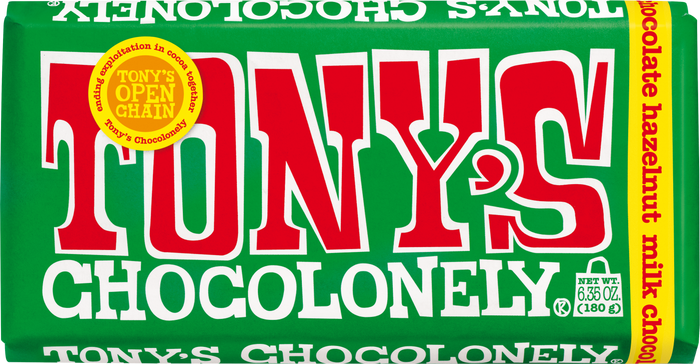 Tony’s Chocolonely milk chocolate hazelnut bar.
