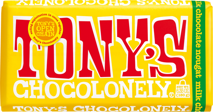 Tony’s Chocolonely milk chocolate nougat bar.