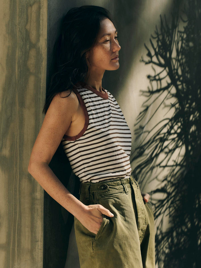Dark Olive Green muscle tank in brown stripe