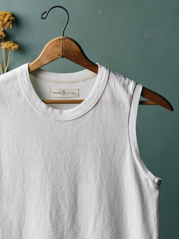 Gray muscle tank in white