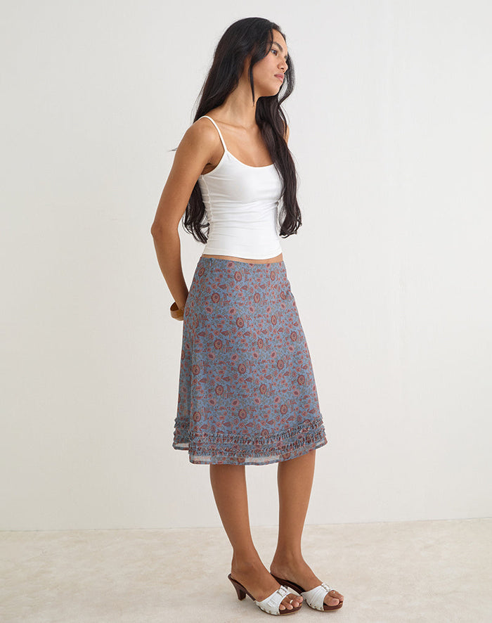 Image of Nanami Midi Skirt in Shadow Blossom Blue Chiffon