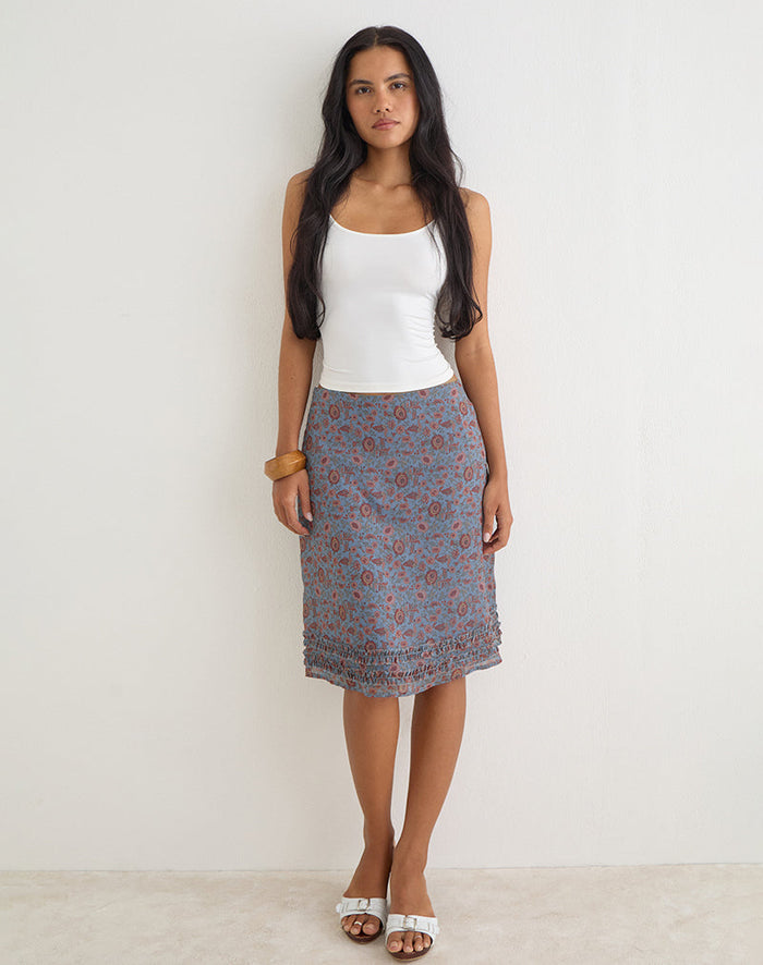 Image of Nanami Midi Skirt in Shadow Blossom Blue Chiffon