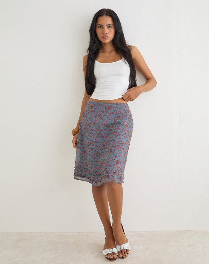 Image of Nanami Midi Skirt in Shadow Blossom Blue Chiffon