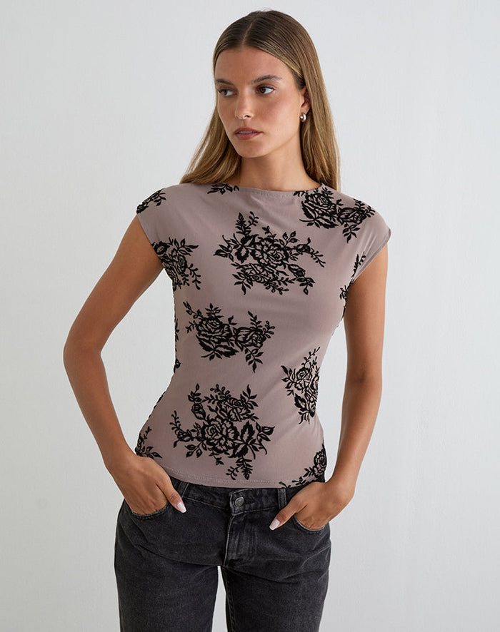 Image of Nova Top in Taupe Grey with Bold Floral Flock