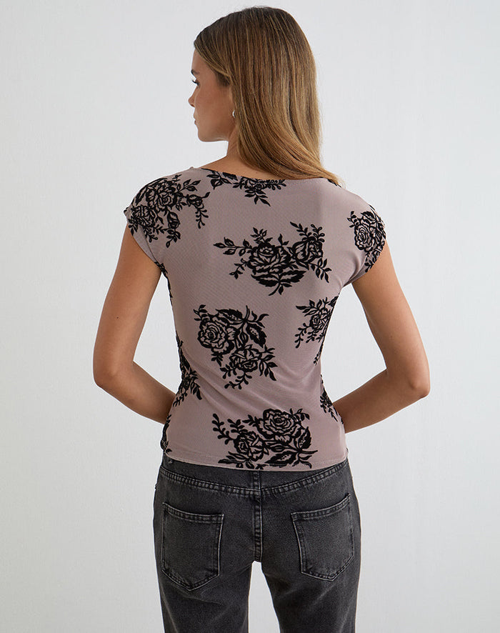 Image of Nova Top in Taupe Grey with Bold Floral Flock