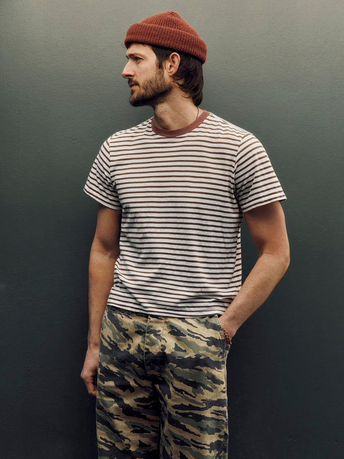 Dark Slate Gray novel knit crew in brown stripe