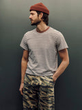 Dark Slate Gray novel knit crew in brown stripe