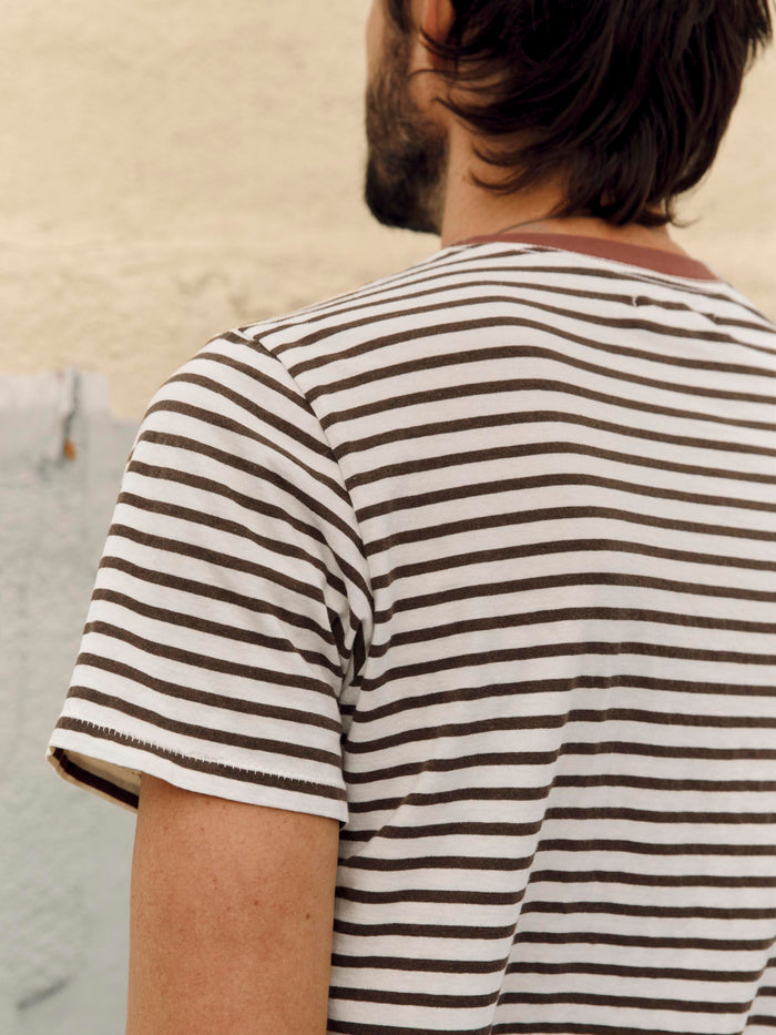 Tan novel knit crew in brown stripe