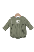 The Smocked Flamingo Children's Clothing Olive Green Linen Bib Long Sleeve Bubble