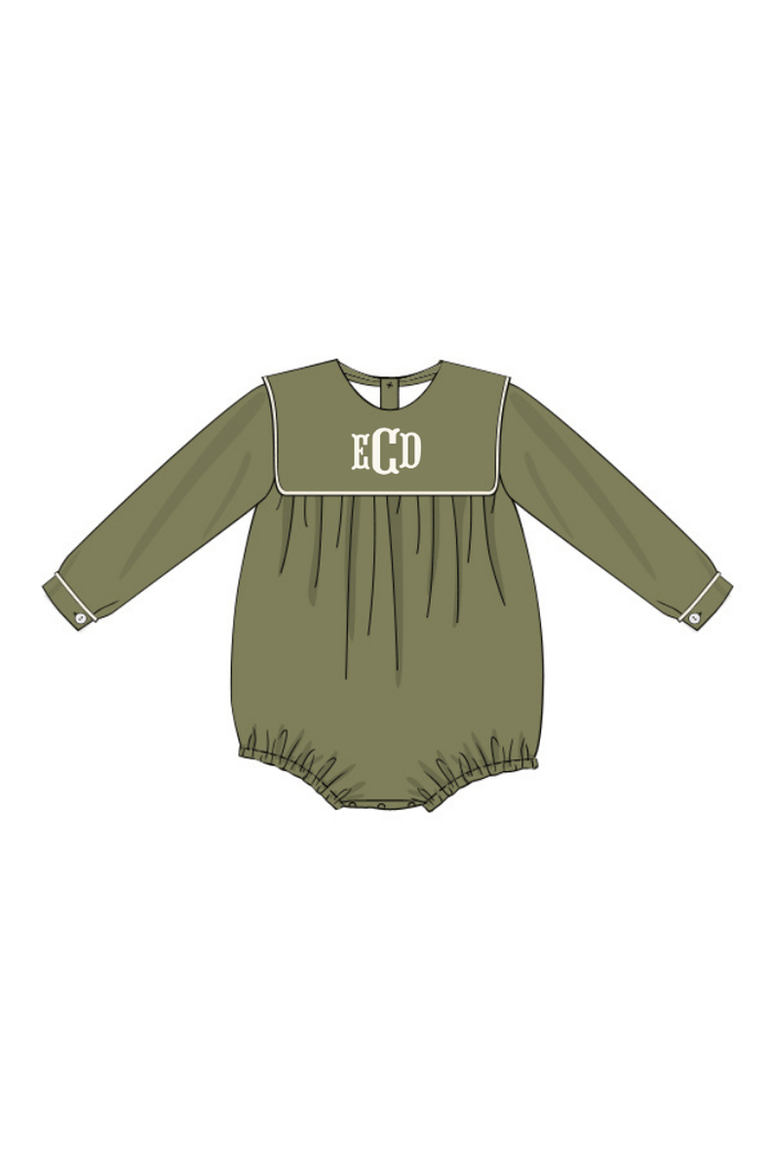 The Smocked Flamingo Pre-Order Olive Green Linen Bib Long Sleeve Bubble