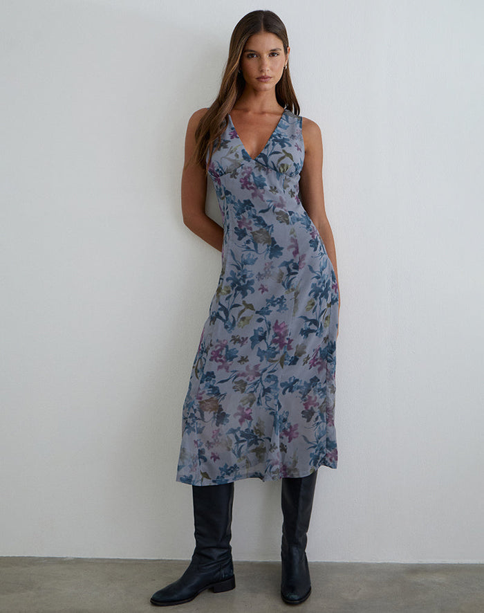 Image of Olydia Midi Dress in Chiffon Shadow Lily Blue