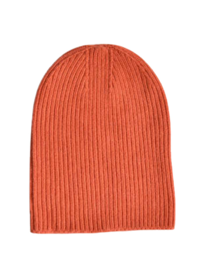 Orange knit beanie on a white background