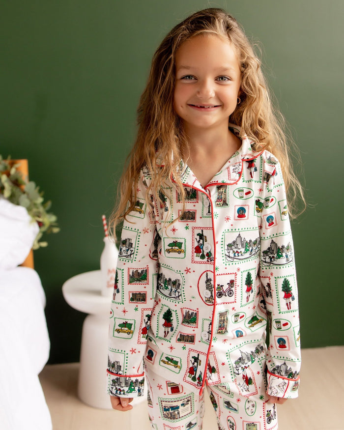 Organic Cotton Girls Button Down Pajamas - Girls Christmas in New York - Sugar Bee Clothing