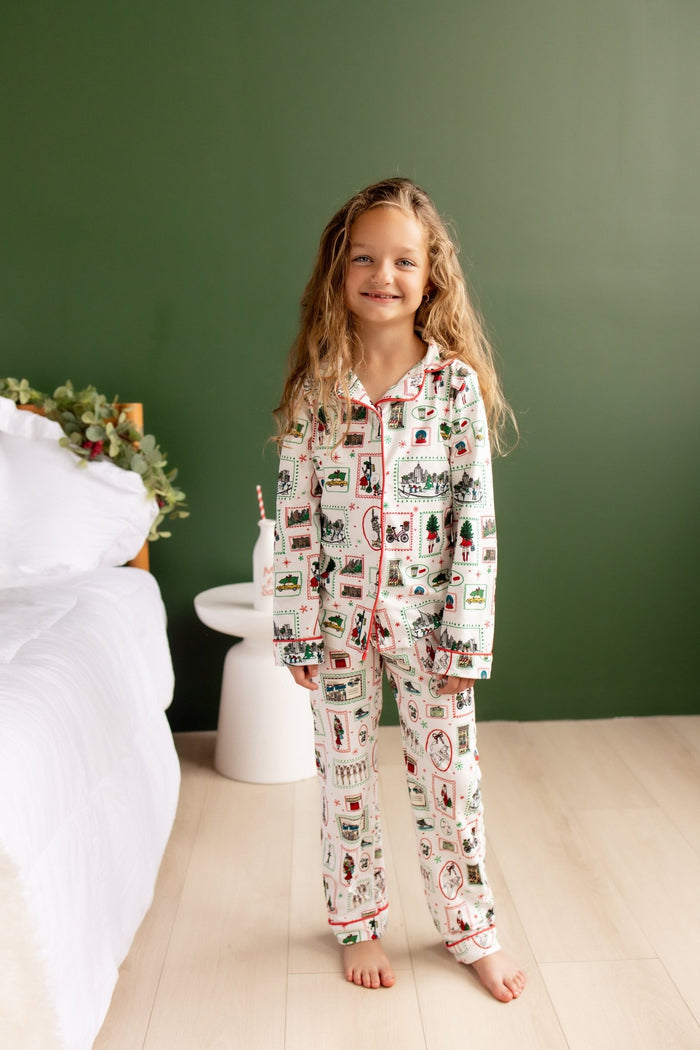 Organic Cotton Girls Button Down Pajamas - Girls Christmas in New York - Sugar Bee Clothing