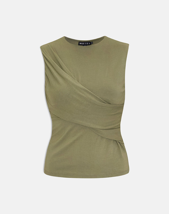 Image of Otso Twist Wrap Top in Rayon Jersey Khaki