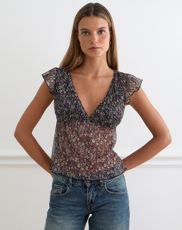 Image of Pharita V Neck Top in Ditsy Floral Plisse Charcoal