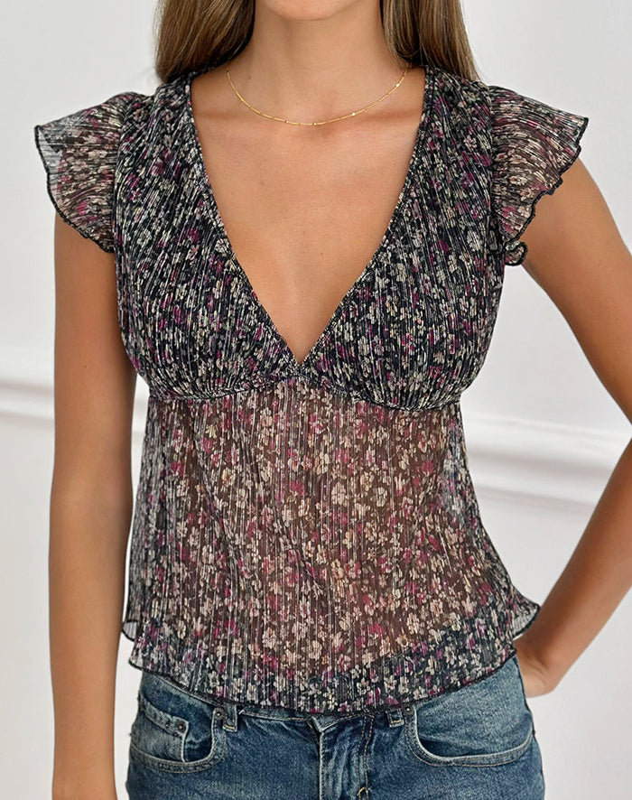 Image of Pharita V Neck Top in Ditsy Floral Plisse Charcoal