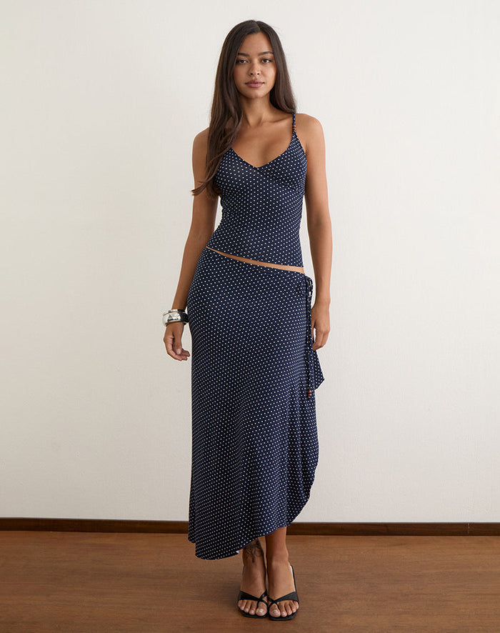 Image of Phemia Maxi Skirt with Beads in Jersey Navy with Micro Polka Print